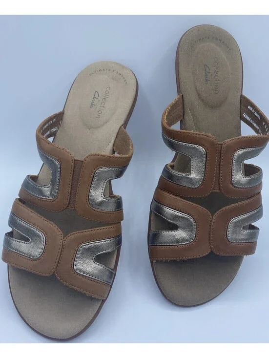 Clarks Women's Ada Lilah Gold Metallic Slide Sandals Size 8 M