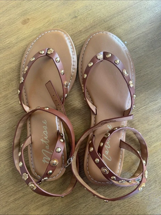 Strappy Tan Leather Studded Sandals by Matisse