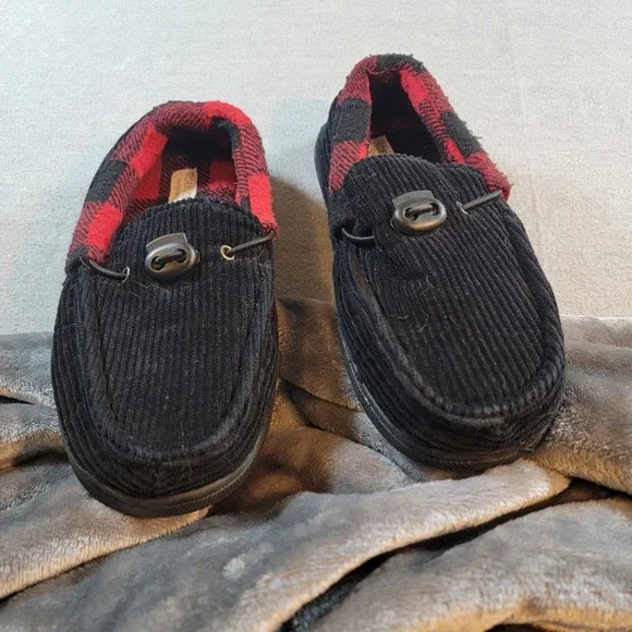 Roebuck & Co Moccasin Slippers Kids 2-3 Black Corduroy Excellent Buffalo Plaid