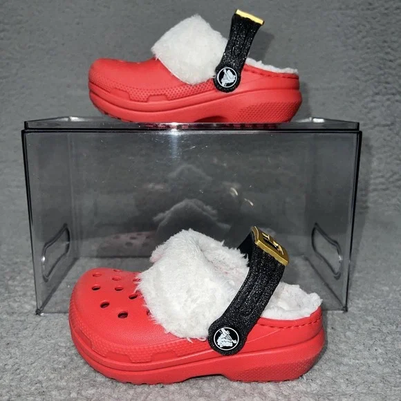 Crocs Classic Lined Santa Clogs Toddler Size 7 Red Fleece Belt Christmas Slip On