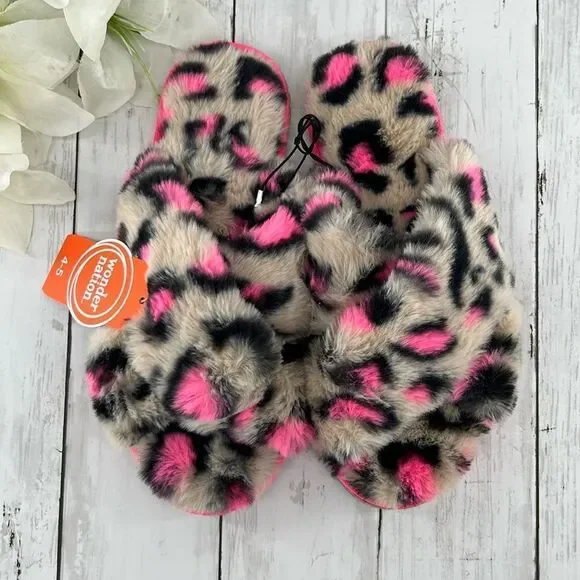 Big Girls Cross Band Faux Fur Leopard Slippers Shoes Size 4-5