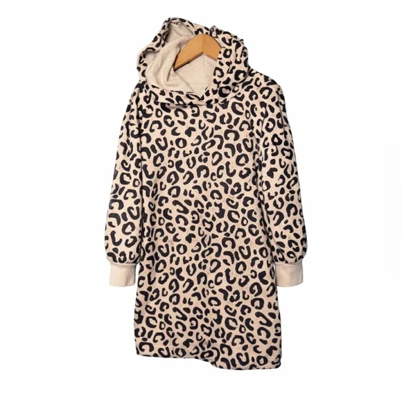 Old Navy Girls Leopard Hoodie Sweatshirt Dress Size 4T 5T Long Sleeve Cozy