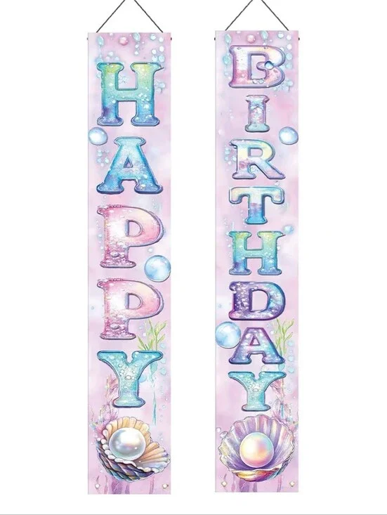 Happy Birthday Hanging Banner - Pastel Mermaid Pearl Design