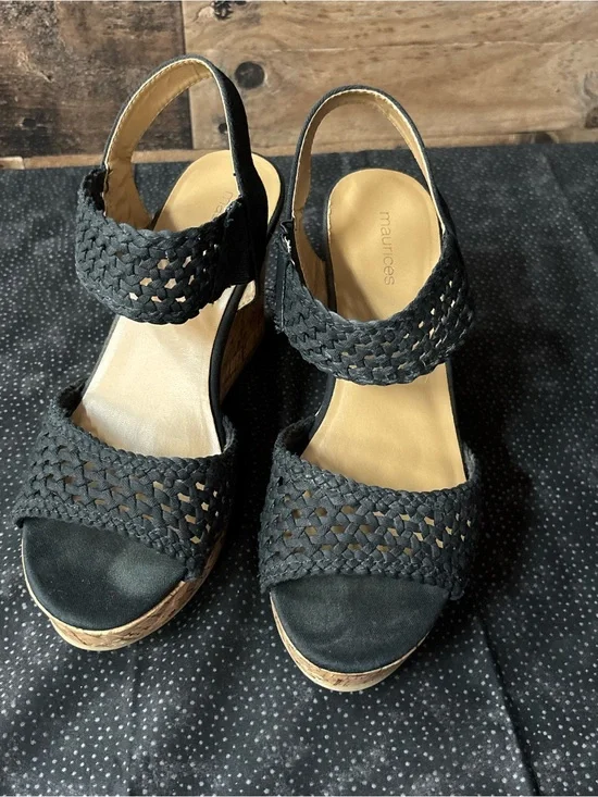 Maurices Black Woven Cork Wedge Sandals