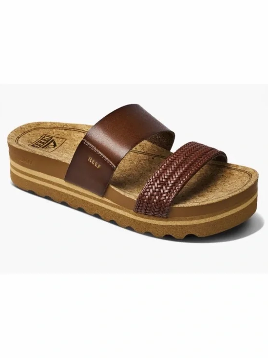 REEF • Brown Cushion Vista Hi Dual-Strap Braided Platform Slide Sandals, 10