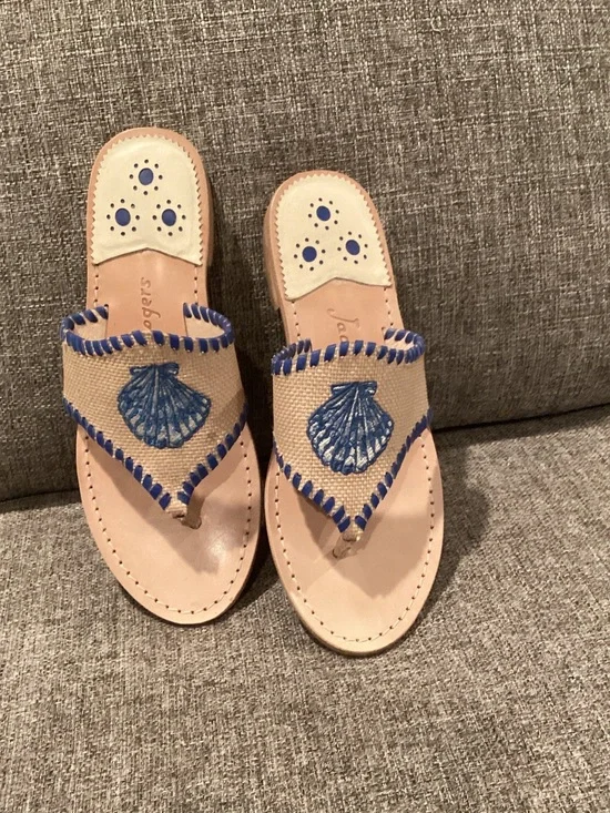 Jack Rogers Tan Sandals with Blue Shell Embroidery - Women