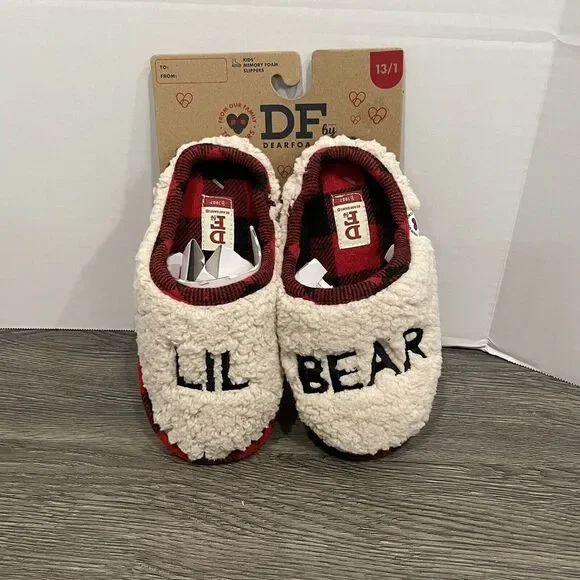 Dearfoams Lil Bear Slippers Sherpa Clog‎ Size 13-1 Kids Toddler Bedroom Plaid