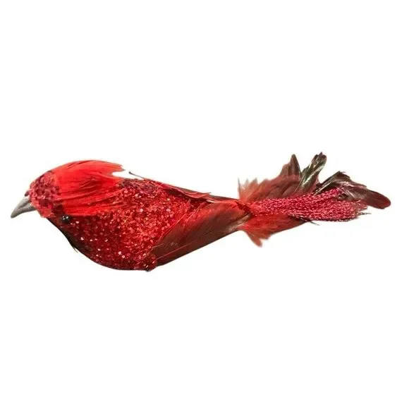 *NEW* 12 Beautiful red glitter clip on cardinal birds with feathers