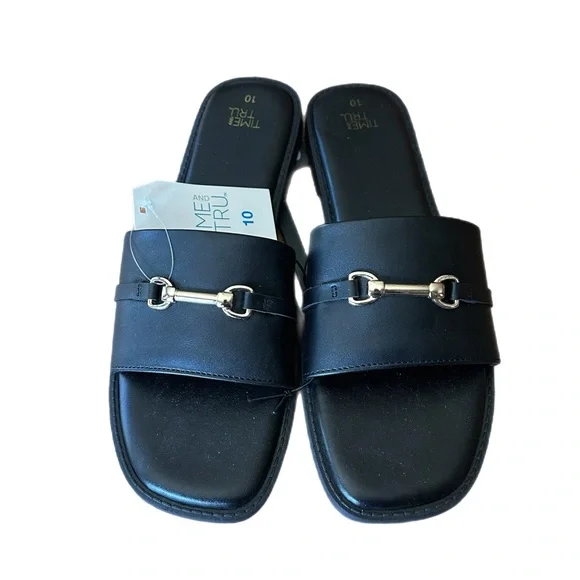 Time and Tru Black Slide Sandals with Gold Accent