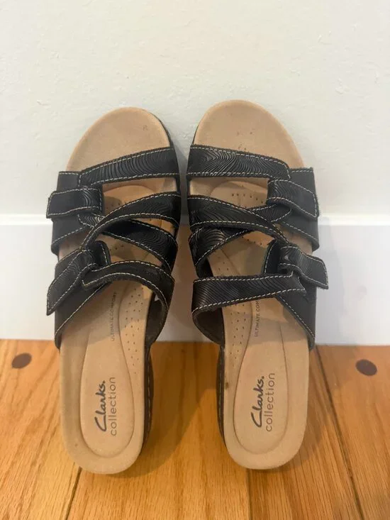 Clarks Merliah Karli Sandals SlipOn Black Leather Adjustable Comfort Womens 8.5M