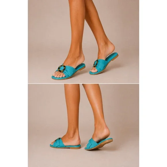 Karen Scott Turquoise Slide Sandals Women's 6.5M Tortoise Buckle Flats Trendy‎
