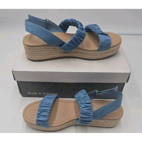 Sun + Stone Denim Blue Platform Doveed Slingback Sandals Resort Summer Shoes 8M