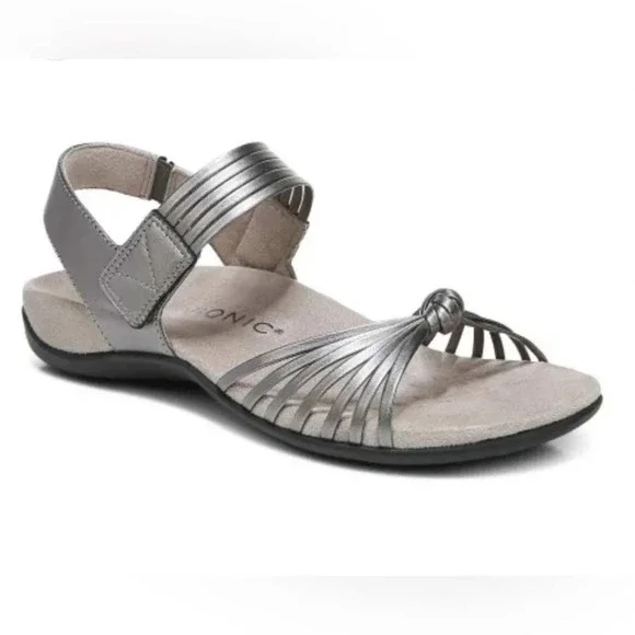 Vionic 9 Sandals Pewter Metallic Strappy Leather Orthotic TALULAH Summer Glam