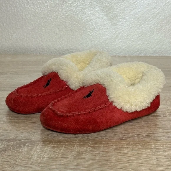Polo Ralph Lauren Kids Size 9 Red Suede Sheepskin Slippers Moccasin Unisex