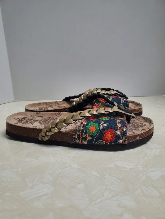 Muk Luks Navy Floral Slide Sandals with Gold Braided Strap