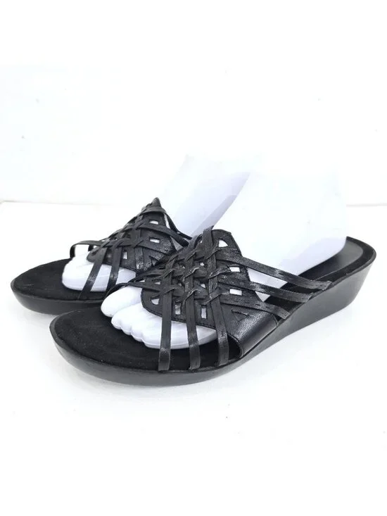 Bass Black Strappy Y2K Leather Comfort Wedge Slip ON Sandals Women Size 11
