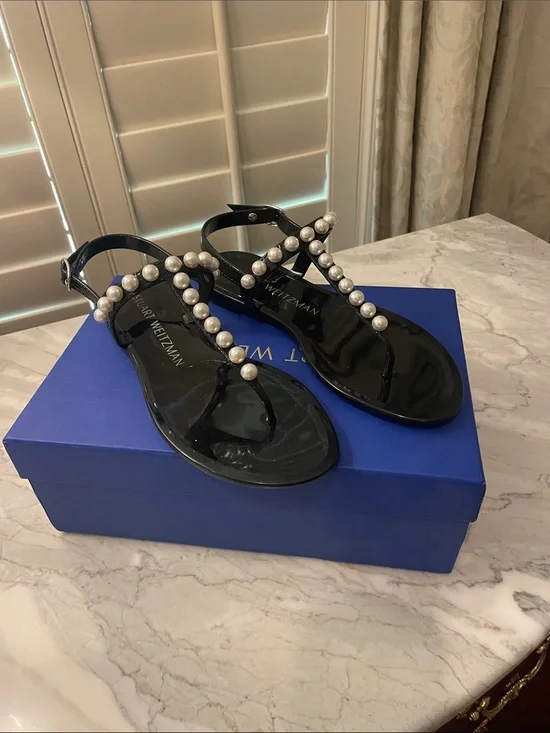 Stuart Weitzman Black Pearl-Accent T-Strap Sandals