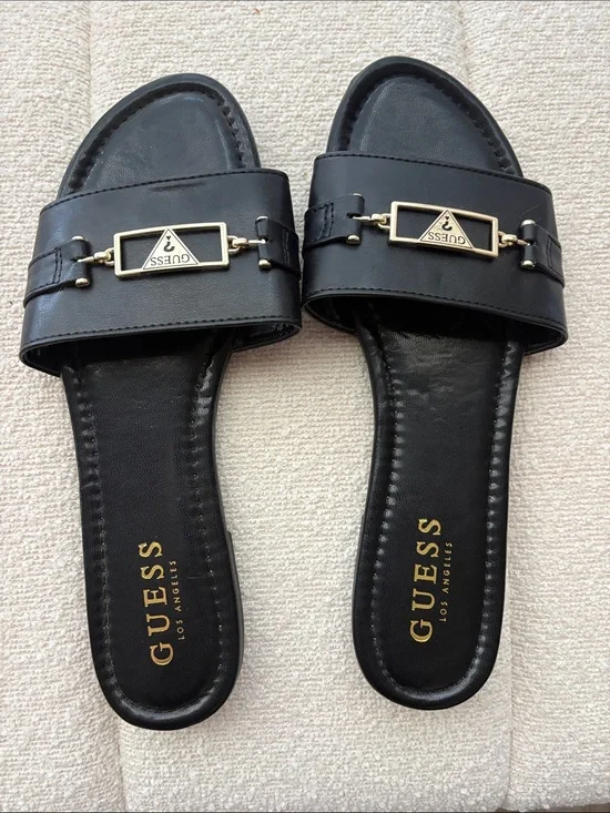Guess Black Slide Sandals with Gold Logo Hardware