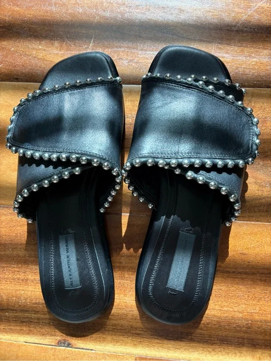 NWOB Alexander Wang Black Leather Silver Studded Slide Sandals Size EU36