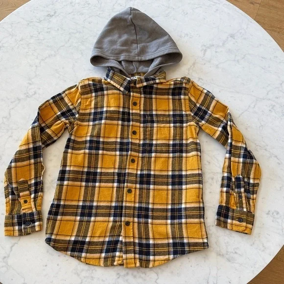 Old Navy Boys Hooded Flannel Shirt Size 10 Yellow Plaid