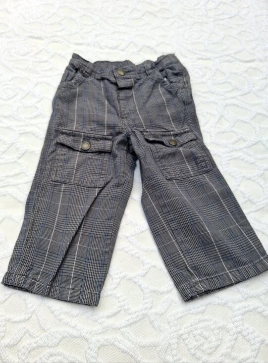 Old Navy Gray Plaid Cargo Pants with Blue Windowpane Size 18-24m