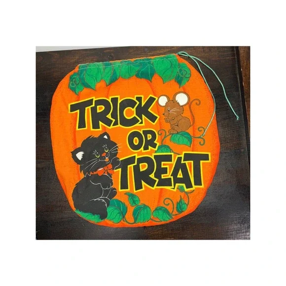 Vintage‎ Halloween Pumpkin Trick or Treat Bag Black Cat Mouse Drawstring