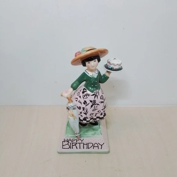 ME Ink Happy Birthday‎ Girl Figurine Holding Cake Umbrella 1995 Collectible