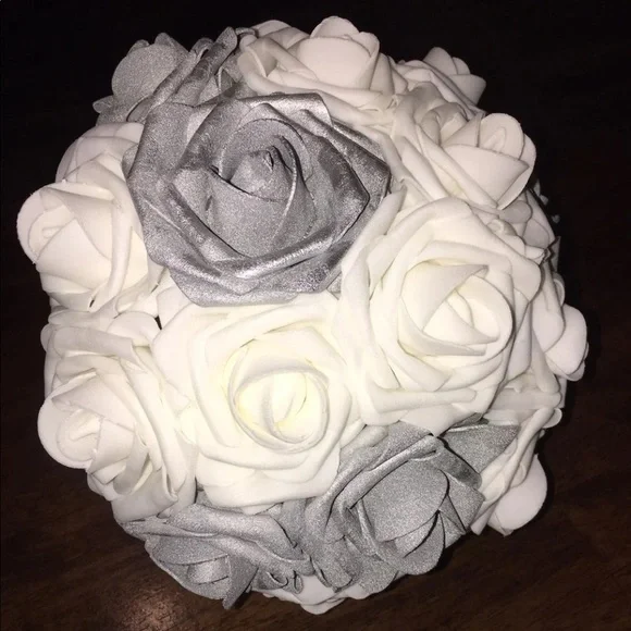 Handmade Bridesmaid Gray White Satin Rose Bouquet
