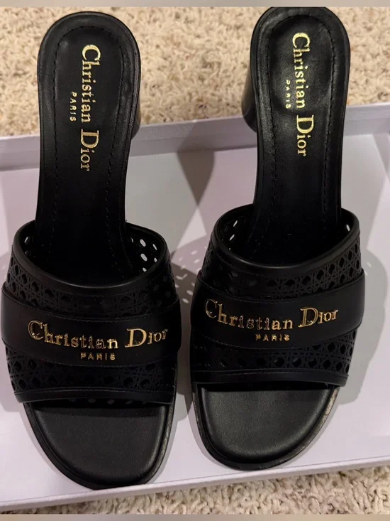 Dior Black Slides with Gold Christian Dior Logo