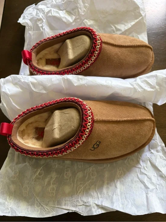 UGG Chestnut Suede Shearling Slip-On Slippers with Red Trim