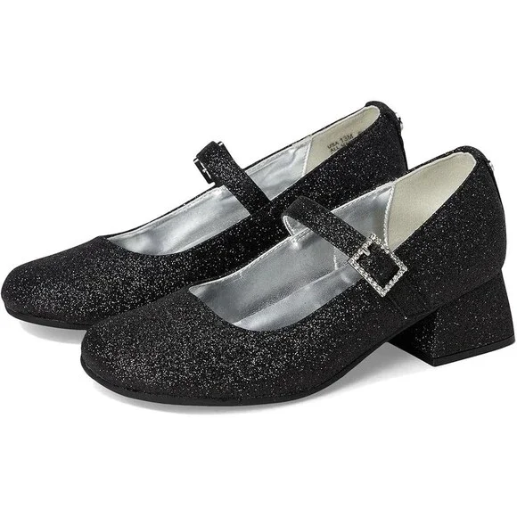 Nina Mila Pump Girls US 3 Black Glitter Square Toe Block Heel Dress Shoes VER043