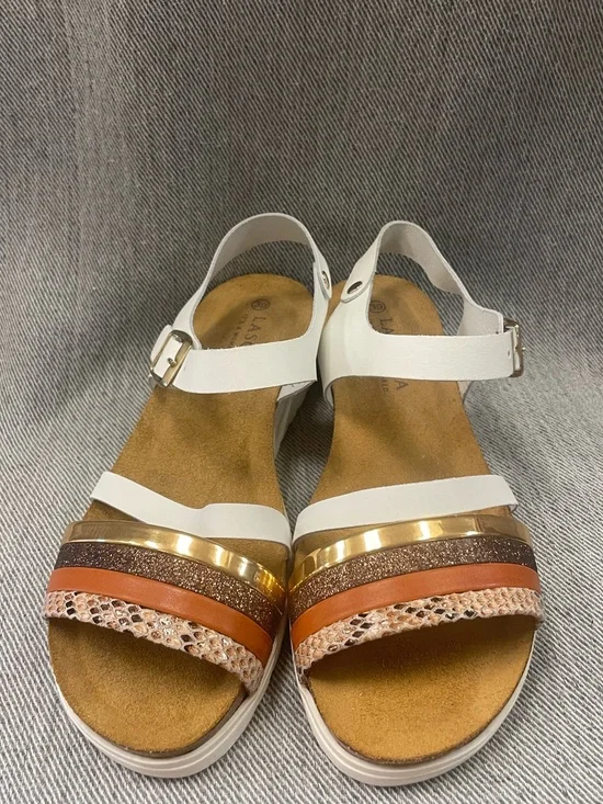 New Beautiful Lascana White Wedge Sandals with Gold and Tan Straps