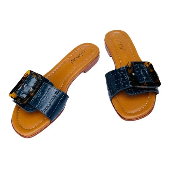J. McLaughlin Navy Croc-Embossed Slide Sandals with Tortoiseshell Buckle