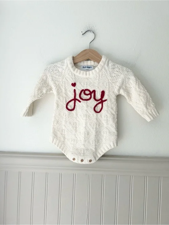 Old Navy 3-6 Months Cream Joy Embroidered Knit Bodysuit Red Script