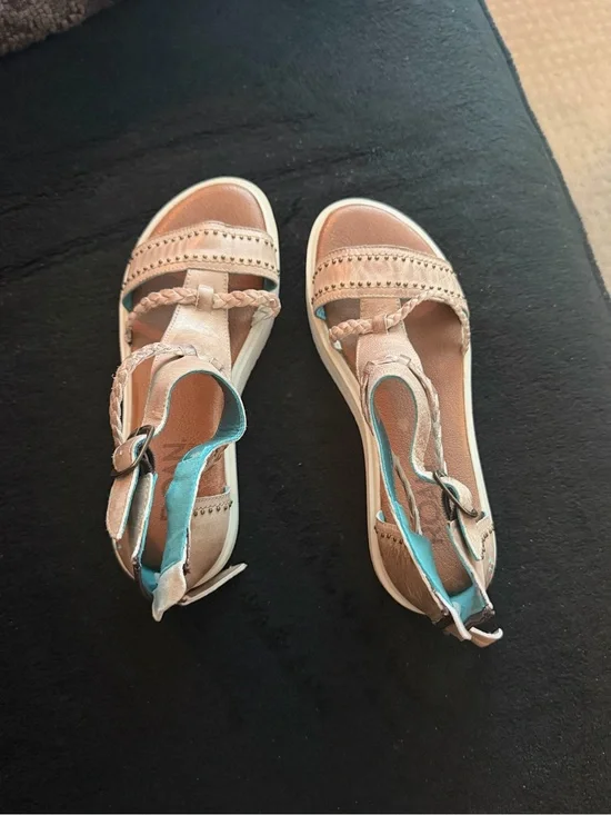 Beige Braided T-Strap Sandals with Aqua Accent - Women
