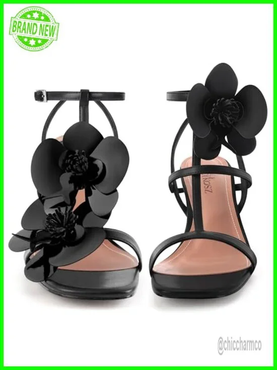 Strappy Heeled Sandals with Floral Details Open Toe Ankle Strap Faux Leather