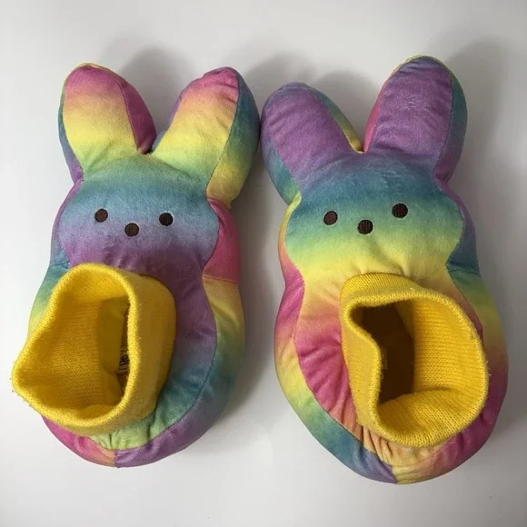 Peeps Plush‎ Bunny Rainbow Slippers, colorful tie-dye Kids Easter Sz 13/1