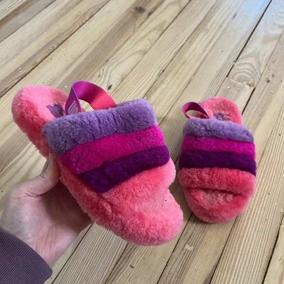 UGG Fluff Yeah Slide Pink Purple Striped Sheepskin Slingback Sandals Kids Size 2