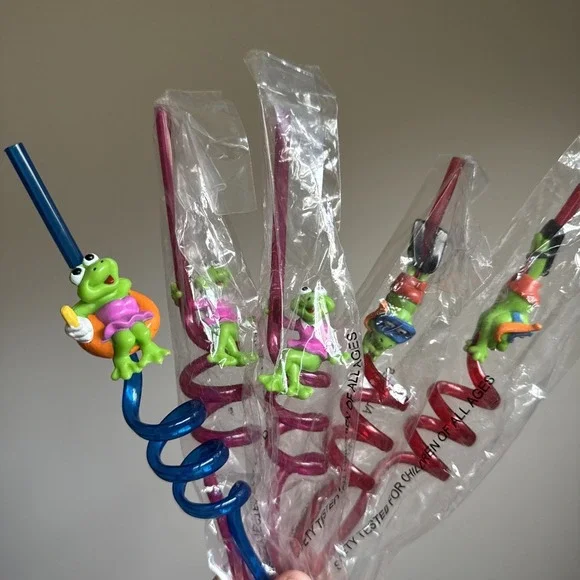 Vintage Lot Of 5 Frog Twirly Straws 4 New And 1 Open Box Birthday Party Fun
