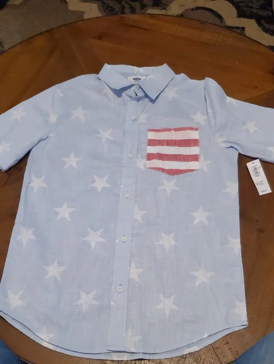 Old Navy Light Blue Star Button-Down Shirt with Red Stripe Pocket