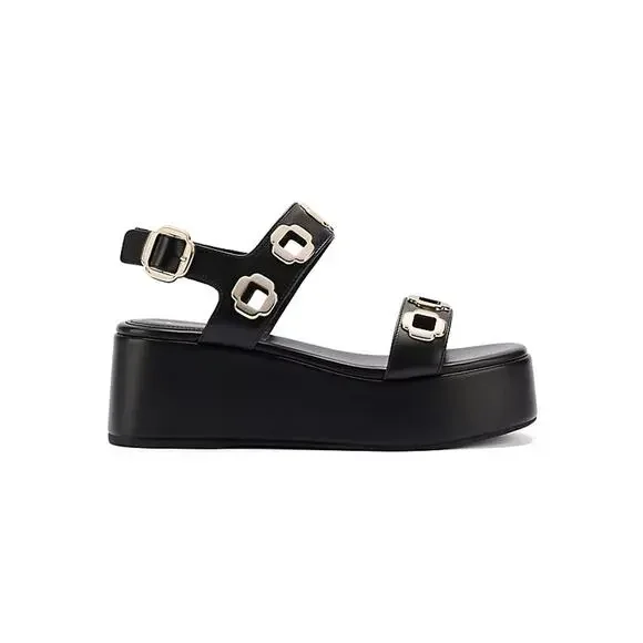 Larroude Milan Black Leather Grommet Flatform Sandals Size 9