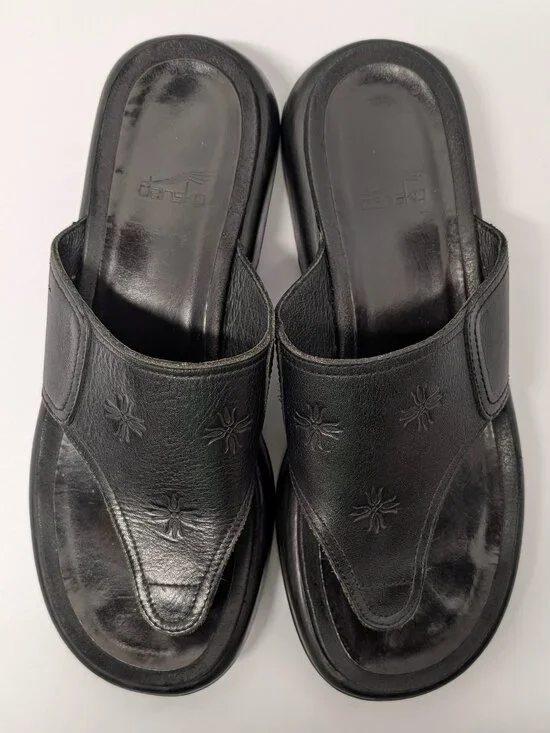 Dansko Floral Embossed Thong Sandals in Black Leather