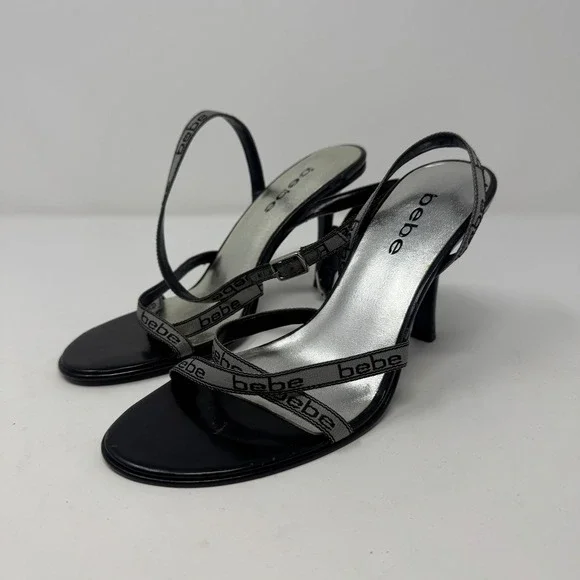 Bebe Y2K Logo Monogram‎ Strappy Sandals Womens 6M Black Silver Stiletto Heel