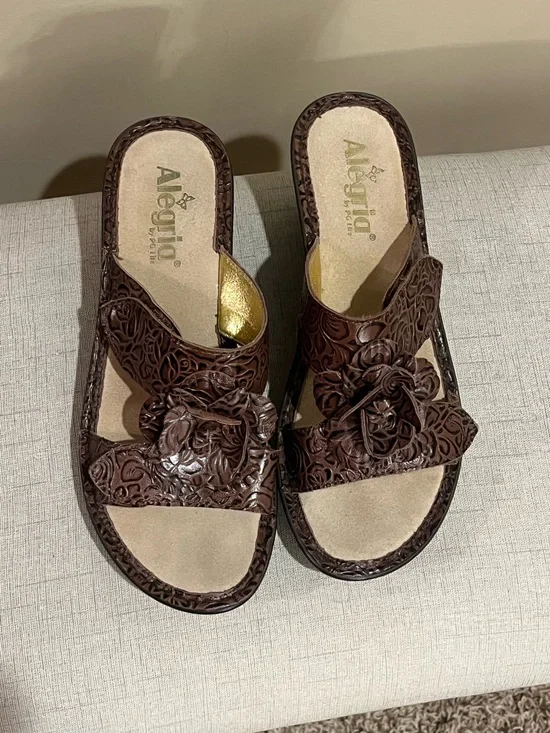 Alegria Brown Floral Laser-Cut Slide Wedge Sandals with Rosette, EU 38