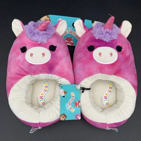 Squishmallows Lola the Unicorn Pink‎ Tie Dye Plush Slippers Girls Size L 4-5 NWT