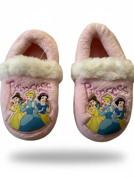 DISNEY PRINCESS, Girl's Pink Plush Faux Fur Slippers, Size L (9-10)