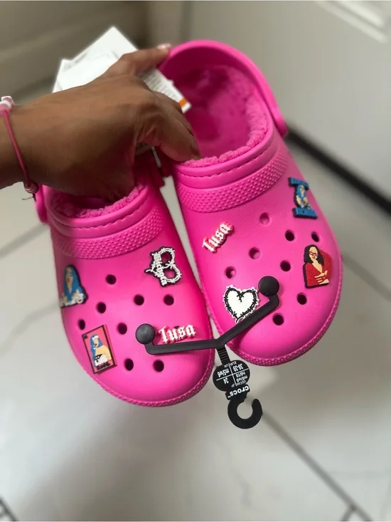 CROCS Kids Bright Pink Fuzzy-Lined Clogs with Charm Pins