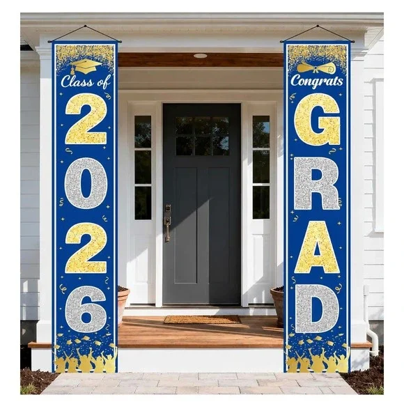 Graduation 71x12 Porch Banner Set Unisex Blue Gold Class of 2026 Decor