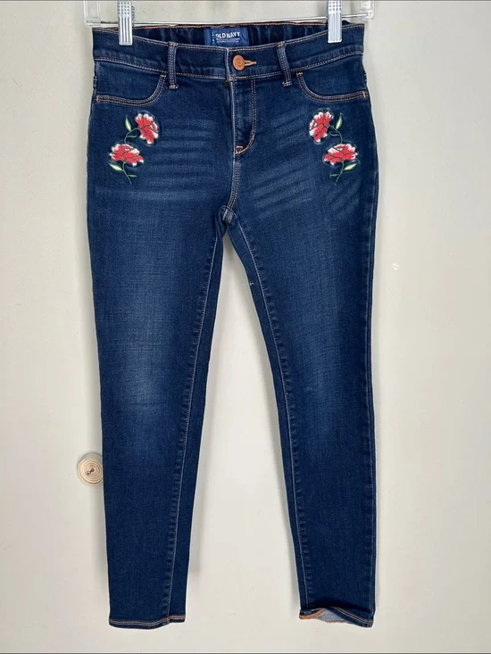 Old Navy girls Dark Blue Skinny Jeans with Red Floral Embroidery