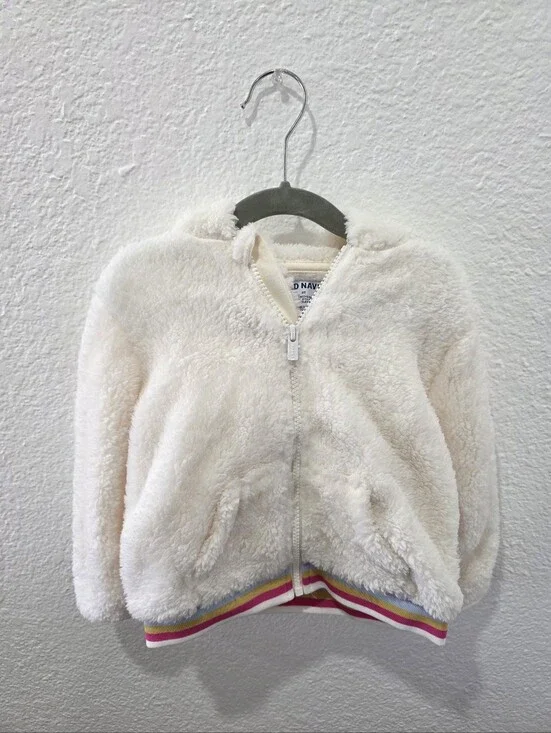 Old Navy Cream Faux Fur Zip Hoodie with Rainbow Trim With Unicorn Hood
